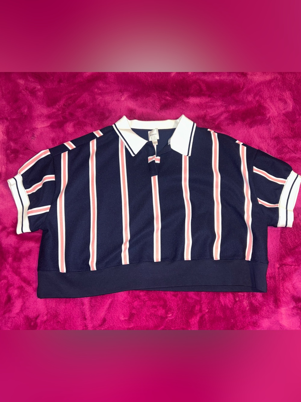 Women’s Cropped Navy And Pink Striped Polo Short sleeved Sweater Top